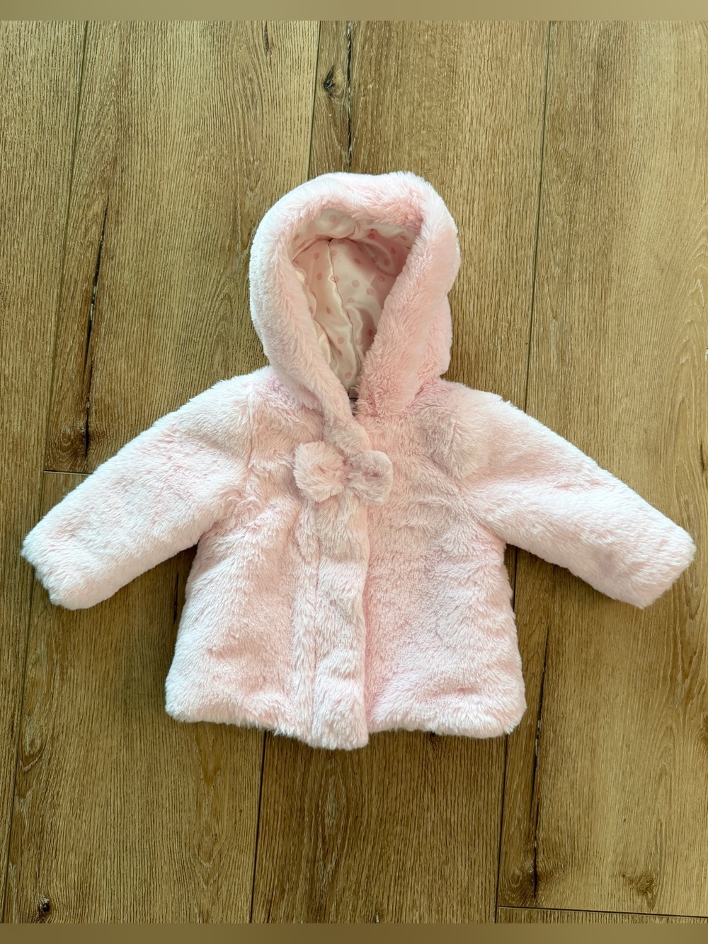 Little Me Pink Faux Fur Hooded Coat with Bow Detail - Size 12M
